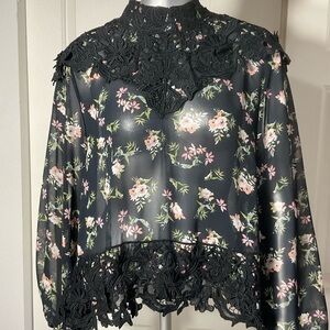 Zara Woman Premium Denim Collection Sheer Floral Black Lace Trim Blouse Size L